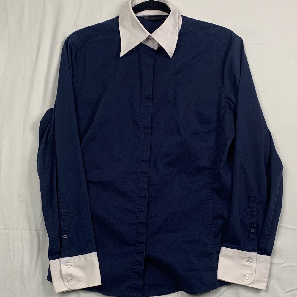 NEW YORK & COMPANY | XL WOMEN'S POINT COLLAR SHIRT | BLUE NAVY WHITE STRETCH